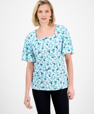 JM Collection - Women's Sprouting Florals Printed Square-Neck Top