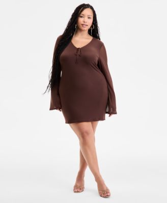 Bar III - Plus Size Long-Sleeve Solid-Mesh Mini Dress