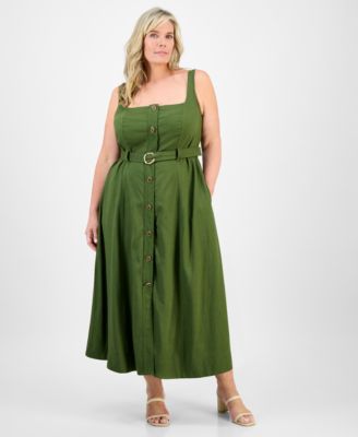 Taylor - Plus Size Square-Neck Belted Button-Front Dress