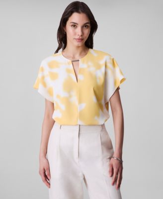Calvin Klein - Women's Short Sleeve Printed Keyhole-Neck Blouse