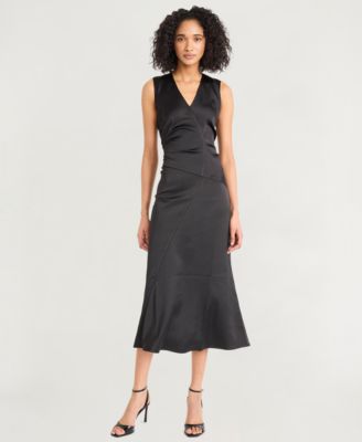 Luxely - Women's Satin V-Neck Sleeveless Midi Dress