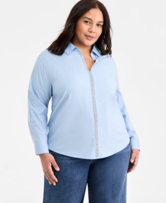 On 34th - Trendy Plus Size Solid Embellished Popover Top