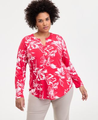 I.N.C. International Concepts - Plus Size Printed Split-Neck Top