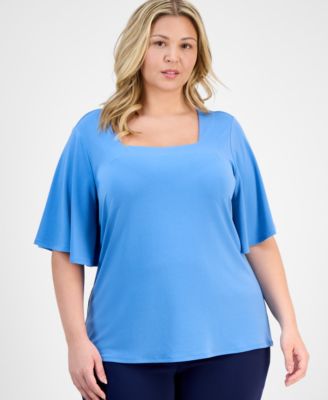 JM Collection - Plus Size Square-Neck Flutter-Sleeve Top