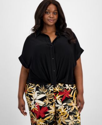 Anne Klein - Plus Size Twist-Hem Cuffed-Sleeve Shirt