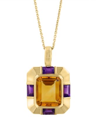 EFFY Collection - Citrine (6-1/2 ct. t.w.) & Amethyst (1/10 ct. t.w.) Pendant Necklace in 14k Gold-Plated Silver, 17" + 1" extender