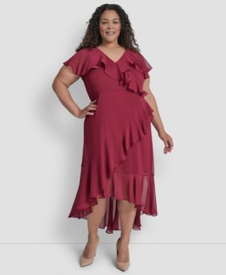 DKNY - Plus Size V-Neck Ruffled High-Low Hem Dress