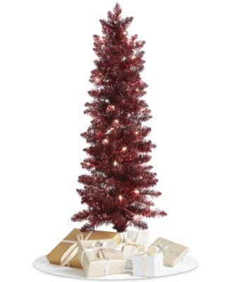 Holiday Lane - Evergreen Dreams 48" Light-Up Deep Red Tinsel Pencil Tree, Created for Macy's