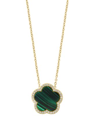 EFFY Collection - Malachite & Diamond (1/6 ct. t.w.) Flower Halo 18" Pendant Necklace in 14k Gold (Also in Onyx)