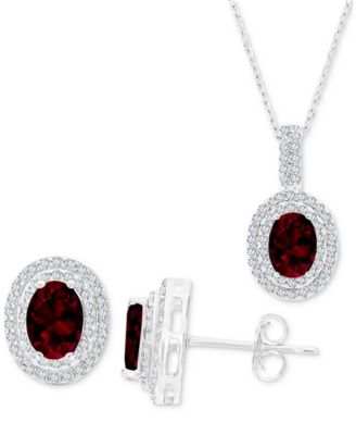 Macy's - 2-Pc. Set Garnet (3-1/2 ct. t.w.) & Lab-Grown White Sapphire (1-1/10 ct. t.w.) Oval Halo Pendant Necklace & Matching Stud Earrings in Sterling Silver