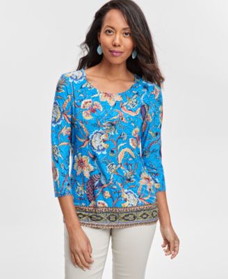 JM Collection - Petite Peacock-Print Scoop-Neck Top