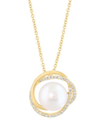 EFFY Collection - Cultured Freshwater Pearl (10mm) & Diamond (1/6 ct. t.w.) Interlocking Circle 18" Pendant Necklace in 14k Gold