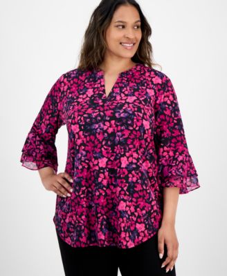 Kasper - Plus Size Split-Neck Floral-Print Top