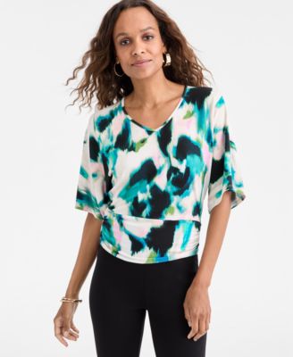 I.N.C. International Concepts - Petite Watercolor-Print Dolman-Sleeve Top