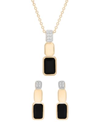 Macy's - 2-Pc. Onyx (1-1/8 ct. t.w.) & Diamond (1/20 ct. t.w.) Earrings and Pendant Necklace Set in 14K Gold-Plated Over Sterling Silver