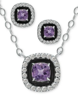 Giani Bernini - 2-Pc. Set Amethyst (1/2 ct. t.w.), Cubic Zirconia & Enamel Pendant Necklace & Matching Stud Earrings (Also in Lab-Grown Opal, Green Quartz, & Blue Topaz)