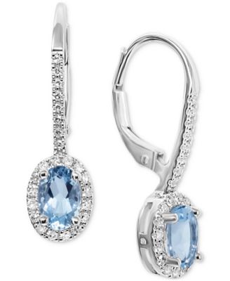 Macy's - Aquamarine (3/4 ct. t.w.) & Diamond (1/5 ct. t.w.) Oval Halo Leverback Drop Earrings in 14k White Gold