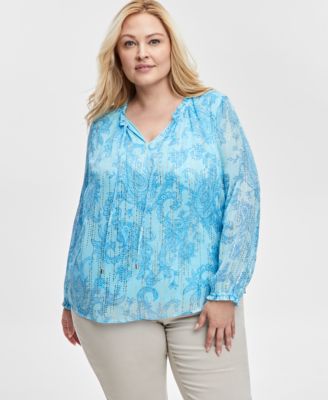 JM Collection - Plus Size Paisley-Print Chiffon Tie-Neck Top