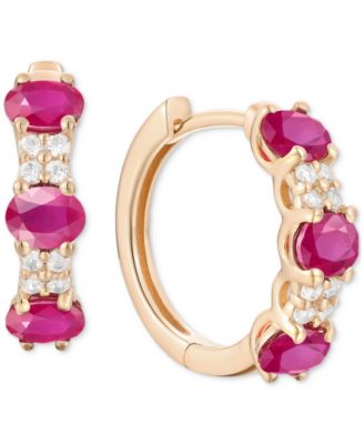 Macy's - Ruby (1-1/3 ct. t.w.) & Diamond (1/5 ct. t.w.) Oval Small Hoop Earrings 14K Gold, 0.5"
