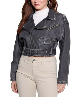 GUESS - Women's Cropped Belted-Hem Denim Moto Jacket