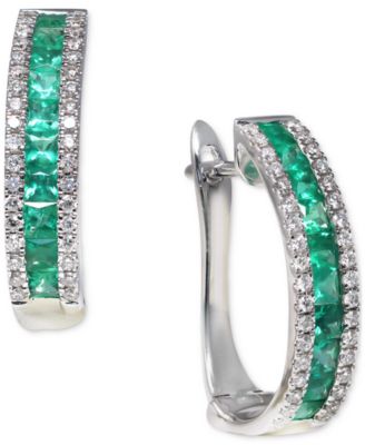 Macy's - Emerald (1 ct. t.w.) & Diamond (3 ct. t.w.) Leverback Hoop Earrings in 14k White Gold