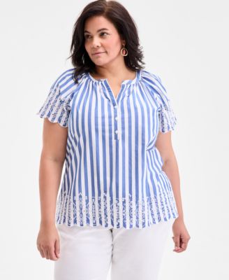 Style & Co - Plus Size Bold Stripe Eyelet Flutter-Sleeve Cotton To