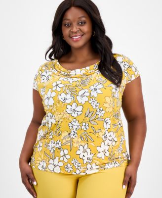 Kasper - Plus Size Printed Cowlneck Cap-Sleeve Top