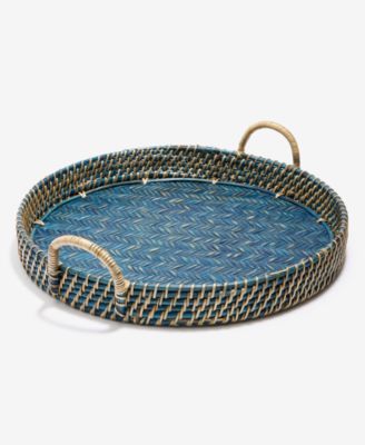 Amara - Handmade Round Blue Basket, Bamboo and Cane Serving Tray with Handles