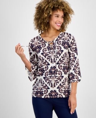 JM Collection - Women's Floral-Print Split-Neck Bell-Sleeve Top