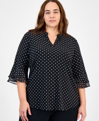 Kasper - Plus Size Dot-Print Flutter-Sleeve Blouse