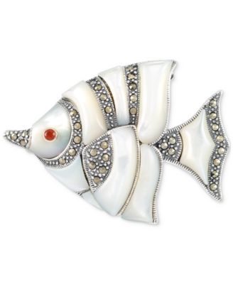Macy's - Mother of Pearl & Marcasite (1/2 ct. t.w.) Fish Pin in Sterling Silver