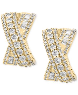 EFFY Collection - Diamond Round & Baguette Crossover Huggie Hoop Earrings (7/8 ct. t.w.) in 14k Two-Tone Gold