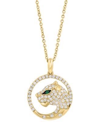 EFFY Collection - Diamond (3/8 ct. t.w.) & Emerald Accent Jaguar Head 18" Pendant Necklace in 14k Gold