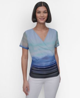 DKNY - Women's Printed Mesh Surplice Top