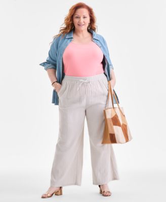 Style & Co - Plus Size Solid Gauze Wide-Leg Pull-On Cotton Pants