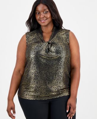 Kasper - Plus Size Foil-Print Knot-Front Top