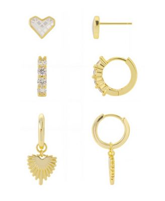 Unwritten - Mother Of Cultivated Pearl Inlay Heart Post Stud, Cubic Zirconia Endless Hoop Plain Heart Endless Hoop 3Pair Ear Set